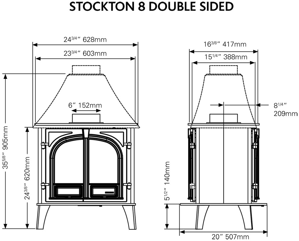 Stovax ― Печь STOCKTON 8 двухсторонняя (размеры)